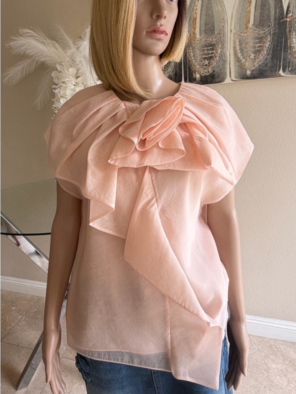 Sheer Ruffle-Accent Blouse in Light Pink